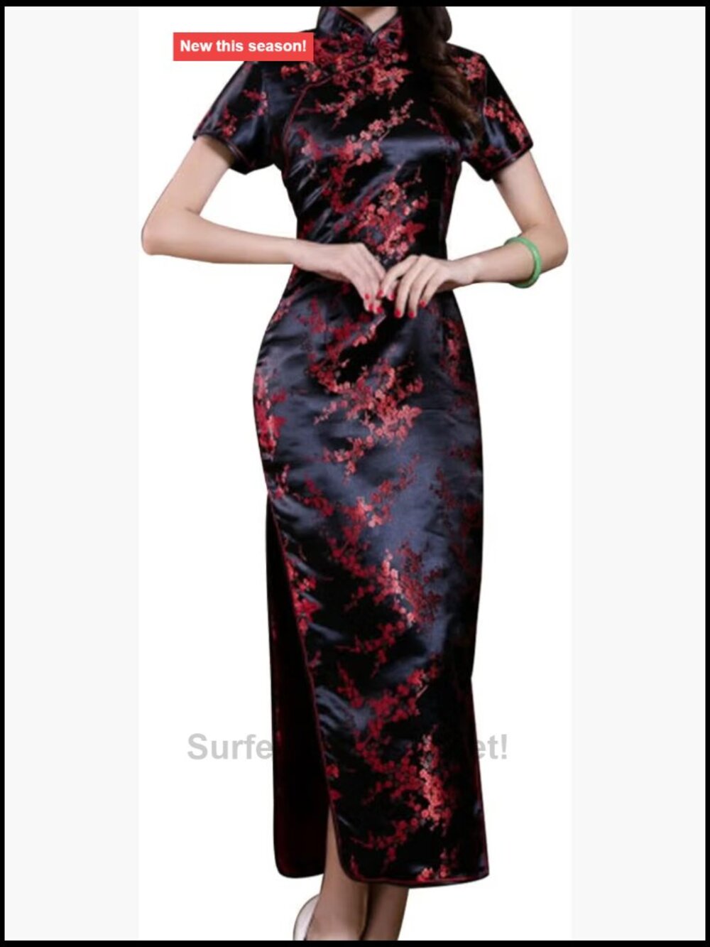 Womens Cheongsam Maxi Dress Floral Embroidery Mandarin Collar Short Sleeve